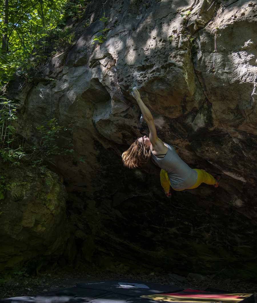 A climber bouldering at the Niagara Glen